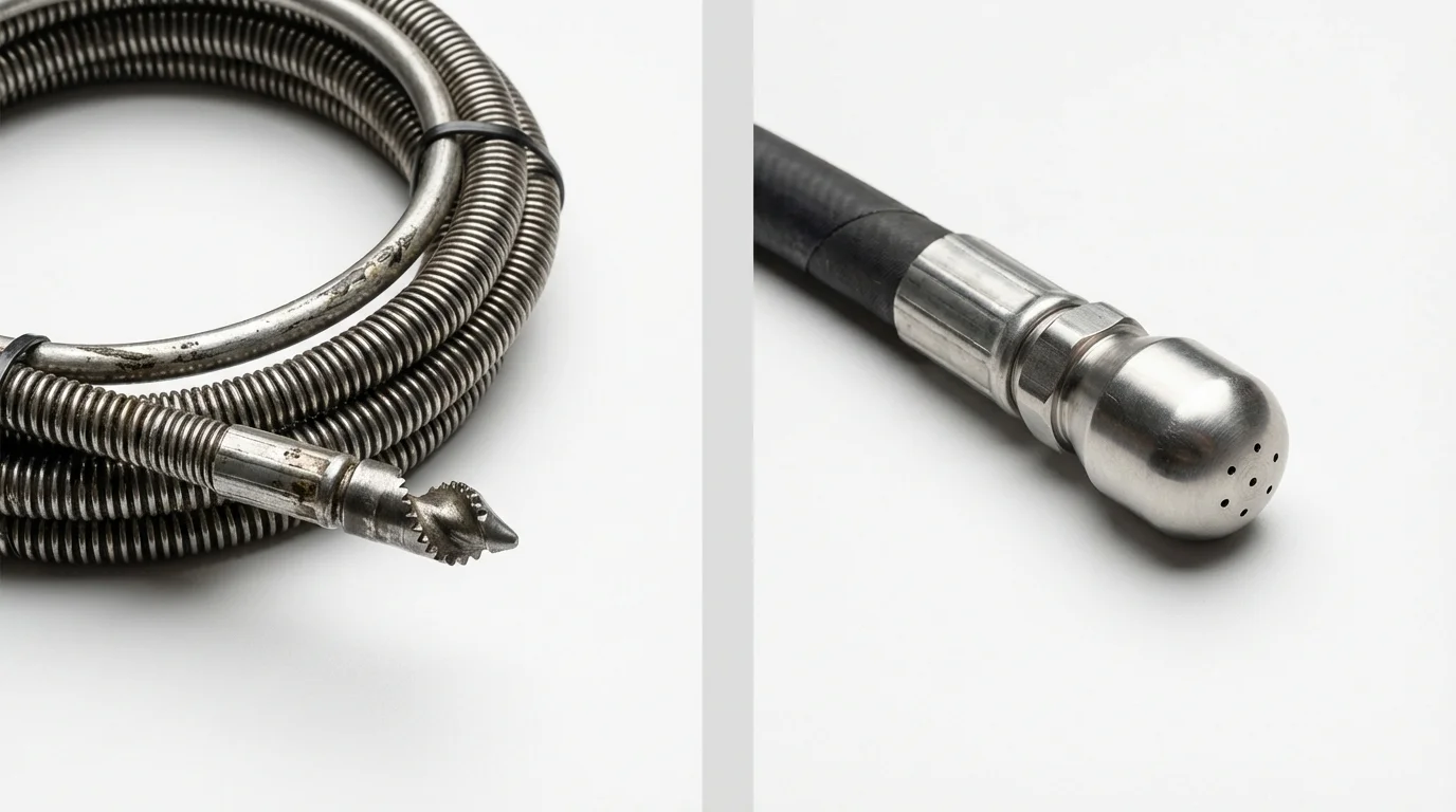 Drain snake cable and hydro jetting nozzle used for drain cleaning in Chester, WV