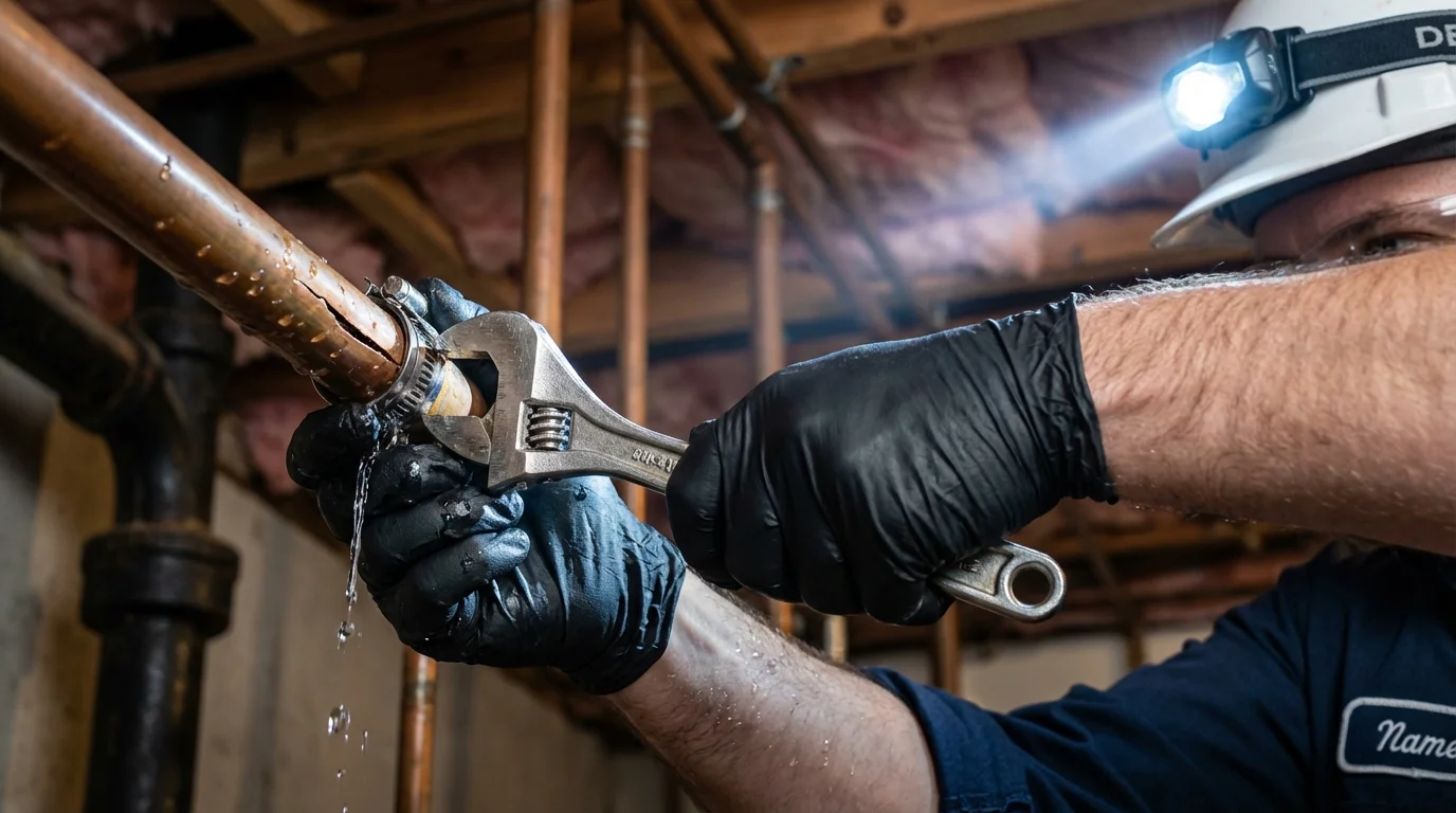 Emergency pipe clamp repair being performed by a Johns Plumbing LLC plumber in Chester