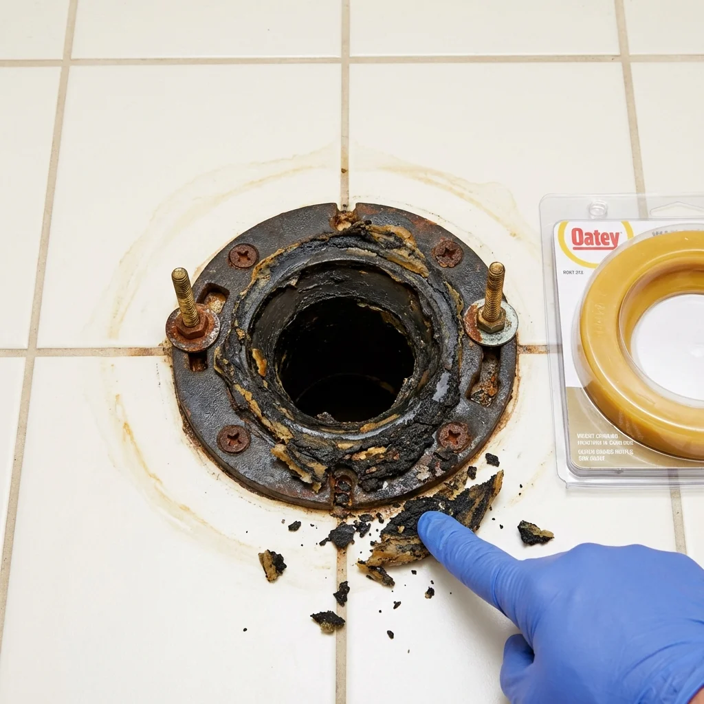Failed wax ring showing water seepage at the base of a toilet in a Chester, WV home