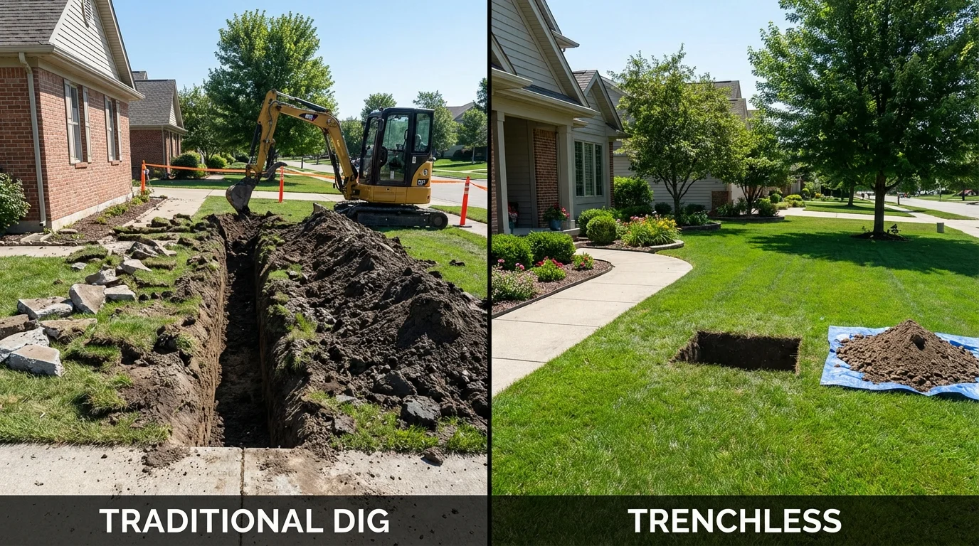Trenchless sewer repair with minimal yard damage versus traditional excavation in Chester, WV