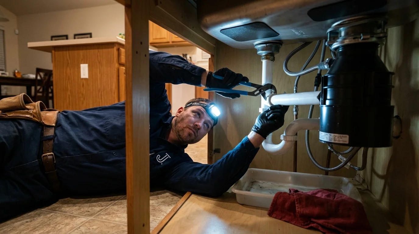 P-trap and supply line connections under a kitchen sink showing a common leak point in Chester, WV